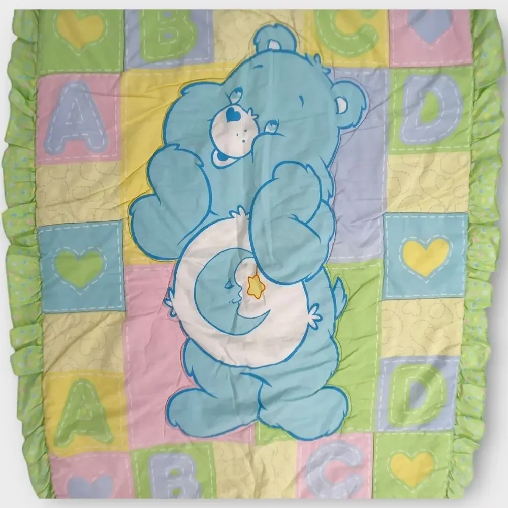 Vintage Care Bears Bedtime Bear Patchwork Baby Blanket Toddler Quilt Green ABC